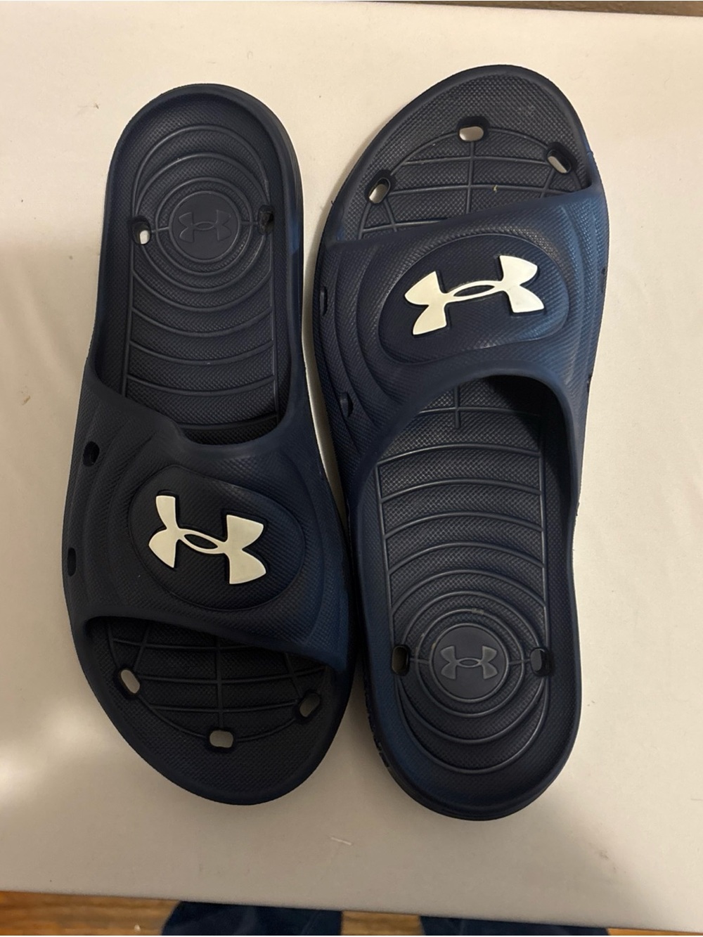Under Armour Men’s Navy Blue Slide Sandals with White Logo